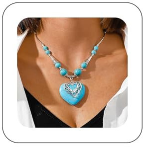Yienate Boho Große Herz Türkis Halskette Choker Vintage Ethnischen Liebe Herz Anhänger Halskette Westlichen Türkis Perlen Strang Halskette Erklärung Herz Türkis Halskette Schmuck Für Frauen Mädchen