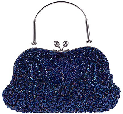 Egurs Abendtasche Damen Elegant Handtasche Vintage Perlen Pailletten Clutch Handtasche Schultertasche Abschlussball Taschen Brauttasche Hochzeit Braut Party Zubehör Dunkelblau