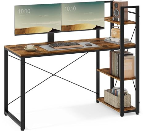 VASAGLE Escritorio, Mesa de Ordenador con Estantes a Derecha o Izquierda, Mesa de Oficina de 120 cm, para Estudio, Oficina en Casa, Fácil Montaje, Marrón Rústico y Negro LWD049B01
