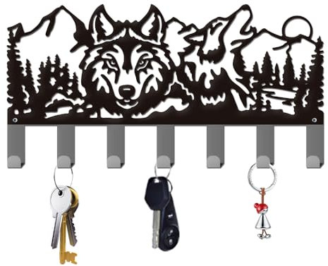 ORIGACH Wolf Schlüsselhalter für Wand Schlüsselhaken mit 7 Haken Wolfs Wand montiert schwarz Metall Schlüsselanhänger Wanddekor für Haustür Küche Eingang Flur