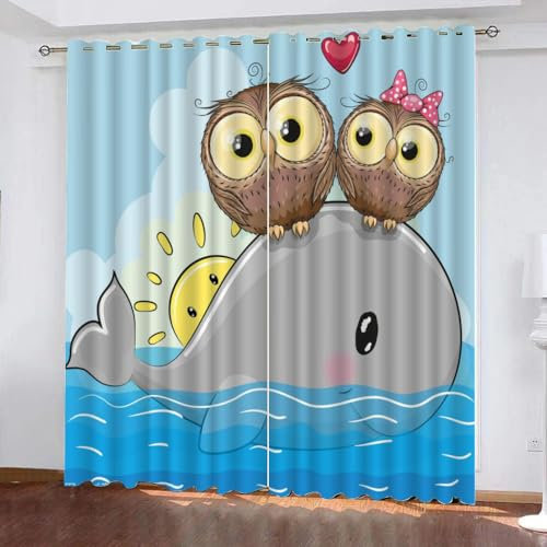 GIOVIA 3D Kawaii Eule Vorhänge Abdunkelnde mit ösen 2 Stücks Gardinen Blickdicht Verdunkelungs Wal Kälteschutz Scheibengardinen für Junge Mädchen Schlafzimmer B 280 X H 260 cm