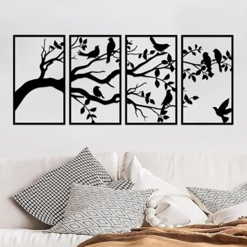 ruelen 4 Stück Metall Vögel und Zweig Wanddeko, Wandkunst Metall Baum 4 Paneele, Schwarze Blätter mit Vögel Silhouette Hängende Wandskulptur für Zuhause Büro Wohnzimmer Schlafzimmer Garten Balkon