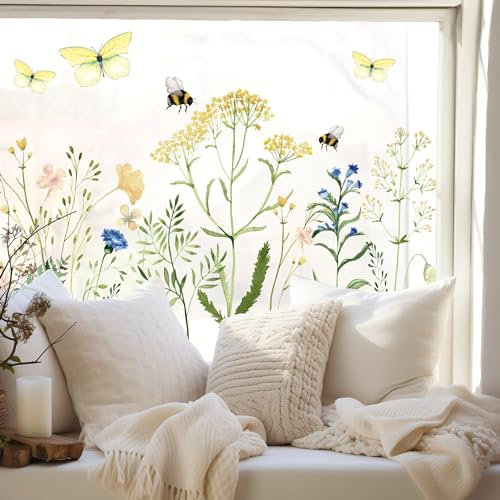 Wandtattoo Loft Fensterbilder Frühling mit Feldblumenwiese – A2 Bogen, Wiederverwendbar – Frühlingsdeko Fenster