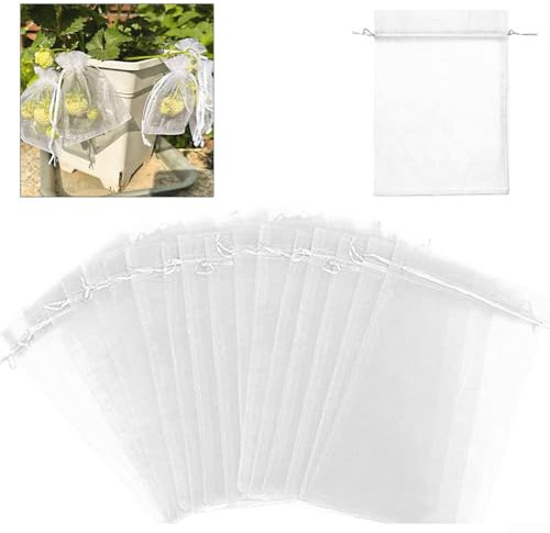 100 bolsas de protección de frutas, bolsas de malla blanca con cordón, protectores de frutas, barrera para uvas, mango, árboles frutales, verduras, jardín (10 x 15 cm)