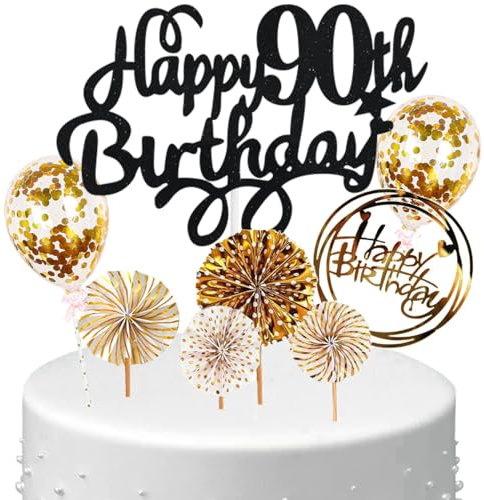 Anlgdi Tortendeko Happy Birthday Deko Kuchen Topper 90. Geburtstag Frau, Cake Topper Happy 90th Birthday Schwarz Gold, Kuchendeko 90 Jahre Torte Kuchen Deko für Geburstagstorte Deko 90. Männer Frauen