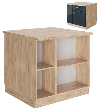 Vicco Isla de Cocina Fame-Line, Azul Oscuro Alto Brillo/Roble Dorado, 90 cm con cajón, sin encimera