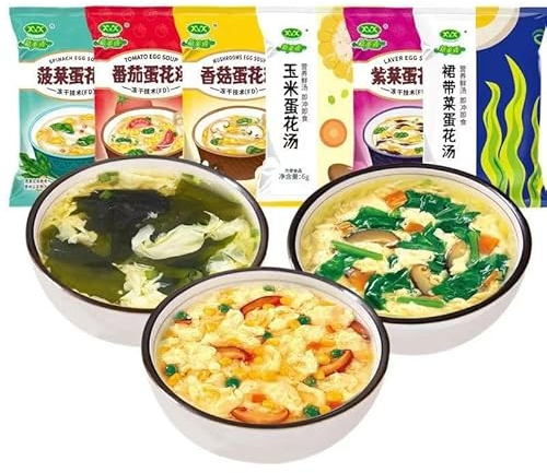 Instant fresh vegetable soup, freeze dried vegetable soup, corn soup, seaweed spinach soup, meal replacement breakfast, nutritious wild vegetable soup, side dishes (Mix 7 flavors,5 packs)