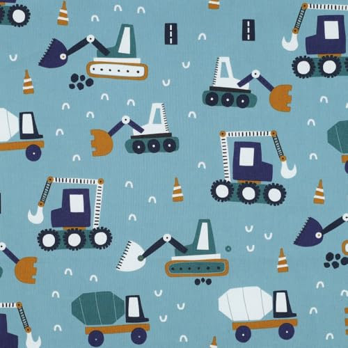 Keine Meterware, Stoffe zum Nähen, Stoff für Kinder, 100% Baumwolle: 0,5m Baumwollstoff mit Fahrzeuge auf der Baustelle - Raupe, Mischwagen, Bagger - Jungen Kinderstoff