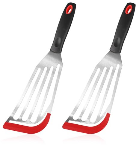 Lasuroa Fish Turner Spatula Set, 2pcs Silicone-Tip Slotted, Stainless Steel, Heat Resistant, Nonstick Cookware Safe