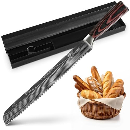 KUOGAS Brotmesser mit Wellenschliff 26 cm aus hochwertigem rostfreiem Edelstahl, extra scharfe Messerklinge mit ergonomischem Pakkaholzgriff (26 Cm Brotmesser mit Holzgriff)