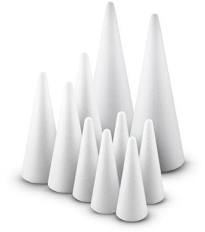 Netuno Set di 10 coni di polistirolo, 5 x 15 cm, 3 x 20 cm, 2 x 28 cm, per fai da te, decorazione natalizia, albero di Natale, polistirolo, cono in polistirolo, cono, grande schiuma
