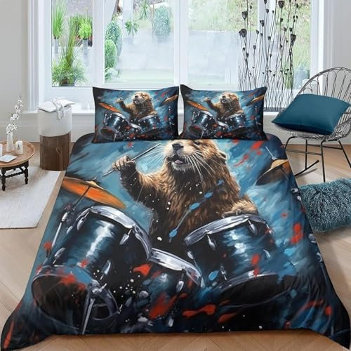 Single Duvet Cover Animal Beaver, Soft Comfortable Microfiber 3D Printing Bedding, With 1 Quilt Cover 90X190 Cm + 2 Pillowcases With Zipper Closure - Easy Care, Hypoallergenic -969A693R095E