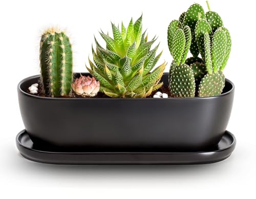 E-liu 11 Inch Oval Ceramic Planter Pot with Drainage Hole Saucers | Rectangular Succulents Planter Home Decor for Indoor Outdoor Plants Herb Cactus with 3 Mesh Pads, Plants Not Included, Black