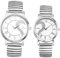 JewelryWe Herz Elastische Uhren für Paare: 2pcs Strass Herz Puzzle Love Analog Quarz Pärchen Armbanduhr Silber Edelstahl Stretch Armband Partner Freunschaft Uhr mit Weiß Römischen Ziffern Zifferblatt