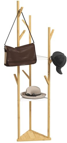 HOMCOM Appendiabiti da Terra in Bambù, Albero Appendiabiti con 9 Ganci e 3 Grandi Ripiani per Ingresso, Attaccapanni da Terra per Giacche, Cappelli, Vestiti, Cappelli e Borse, Legno Naturale e Bianco