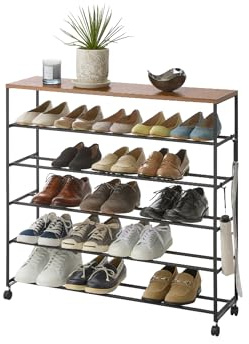 YAMAZAKI 1466 Tower 5-stöckiges Schuhregal mit Holzablage und Rollen, schwarz, Stahl/Holz/Nylon, minimalistisch, 26 x 90,5 x 87 cm