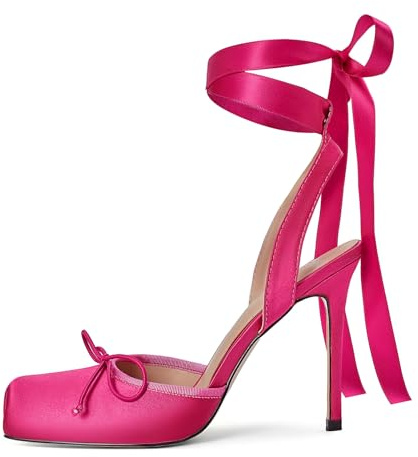 Vertundy Women's Satin Ballet Heels Lace Up Square Toe Stiletto High Bow Ballerina Heels