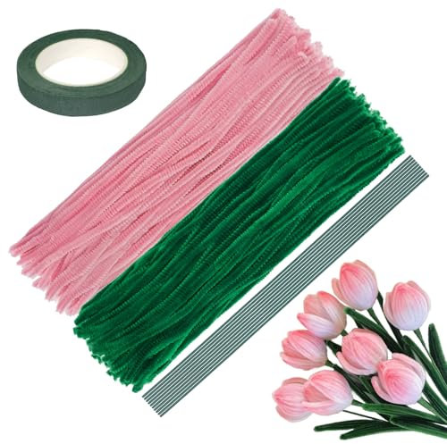 Pfeifenputzer Blumen Set, 200 Stück Rosa Tulpen Pfeifenreiniger zum Basteln, Blumenstrauß Chenilledraht Pastell, 30cm Pipe Cleaner Kunstblume für DIY Handwerk (Grün+Rosa)