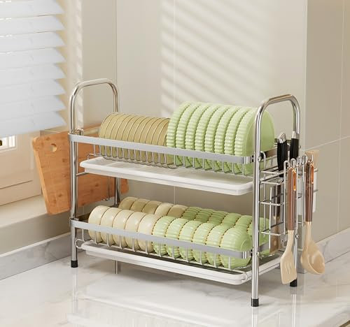 Uwenkjie 2layer dishwasher rack、 kitchen dishwasher rack、stainless steel sink dishwasher rack and utensil rack、dish drainer rack、dish drainer rack with drip tray、stainless steel original color