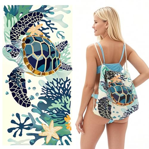 LXTOPN Mikrofaser Strandtuch - 160 * 80cm Strandtuch mit Aufbewahrung, schnell trocknendes sandfestes Badetuch Strandhandtuch, ideal für Reisen Pool und Camping (Grüne Schildkröte, 80 * 160cm)