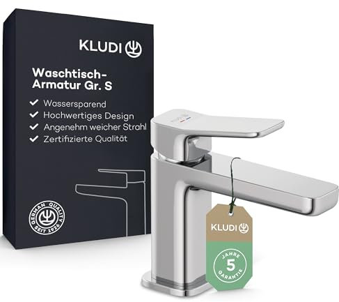 KLUDI-X3 Waschtischarmatur, Auslaufhöhe 85 mm, wassersparender Wasserhahn Bad Größe S, Keramikkartusche, Mischbatterie Waschbecken inkl. Anschlussschläuche in Chrom