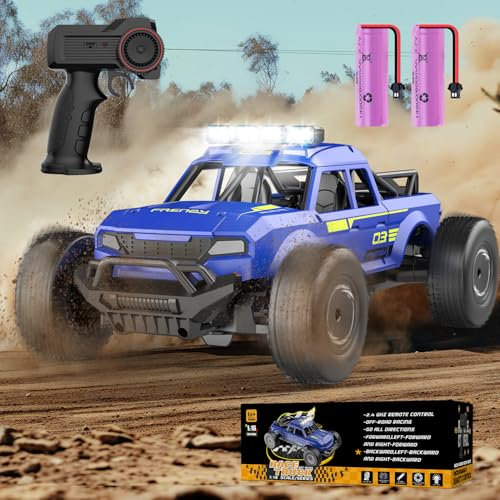 Ferngesteuertes Auto ab 3 4 5 Jahre, 15KM/H RC Auto mit Lichtern, 1/16 RC Truck mit 2 Akku 40Min Spielzeit, 2.4GHz Ferngesteuerter Monstertruck, Geschenk 3 4 5 6 Jahre Junge (Blau)