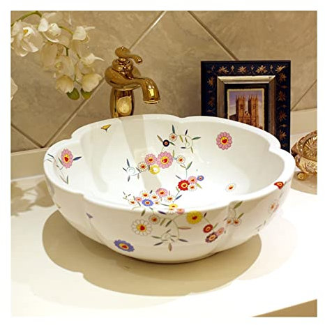 Aioneer Lavabo De Baño De Cerámica Hecho A Mano, Lavabo De Color Blanco, Lavabo sobre Encimera con Forma De Flor, Solo 1 Lavabo.