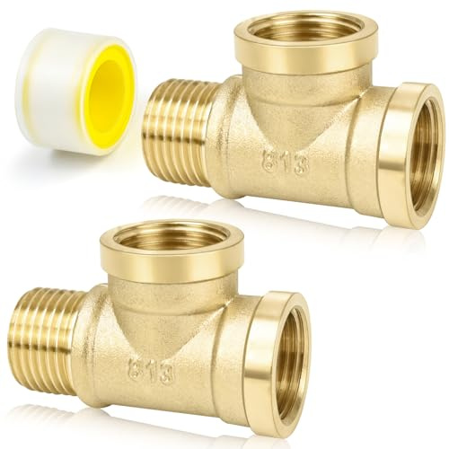 FLEXNOVA 2 pezzi a T da 1/2 pollici (diametro 20 mm), in ottone, raccordo a T da 1/2 pollici, adattatore per connettore acqua con filettatura da 2 m, adattatore G1/2 per acqua potabile, rubinetto del