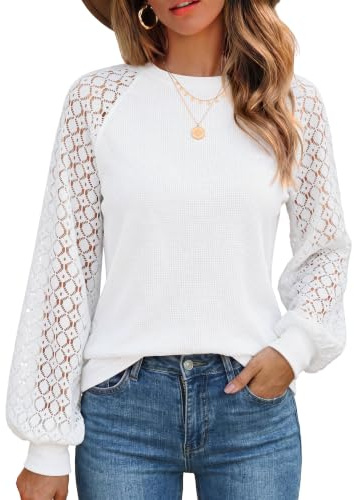 Zeagoo Womens Long Sleeve Tops Lace Plain Casual Blouses Loose Shirts | Round Neck| Waffle Business Work Shirts| Elegant Fall Tunic| S-3XL