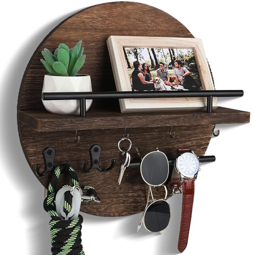 Duscdesp Schlüsselbrett, Schlüsselhalter mit ablage Rund, Schlüsselboard Vintage Holz mit Stauraum, Schlüssel Halter Schlüsselaufhänger für Flur Deko, Garderobenhaken, Hundegarderobe (Braun)