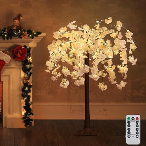 OOWOKS Cerisier illuminé 180 cm, Arbre LED 8 modes d'éclairage avec télécommande, Plante artificielle Cerisier rose avec 450 lumières, Lampe décorative d'intérieur et d'extérieur pour la maison,150cm