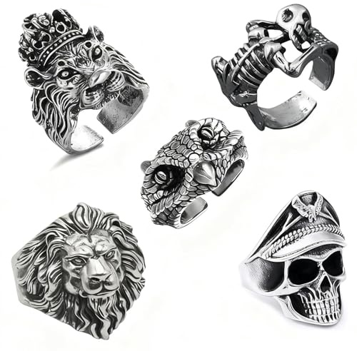 LIUYIDM 5 Stück Totenkopf-Herrenringe, Verstellbare Retro Punk Rock Schädel Herrenring, Edelstahl Schlange Gothic Ring Set, Totenkopf Schmuck für Karneval, Mottoparty, Halloween