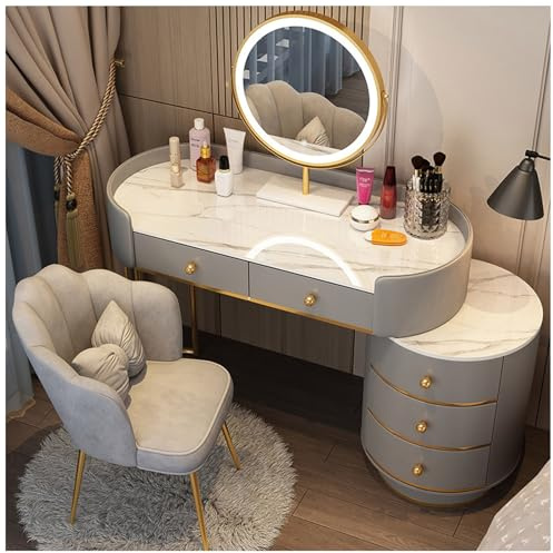 Romyqpipy Moderne Schminktisch mit Spiegel, 3 Einstellbaren Helligkeitsstufen,Kommode mit 5 Schubladen,Stuhl,Verstellbarer Seitenkommode und Ausziehbarem Design, fur Schlafzimmer,Zuhause