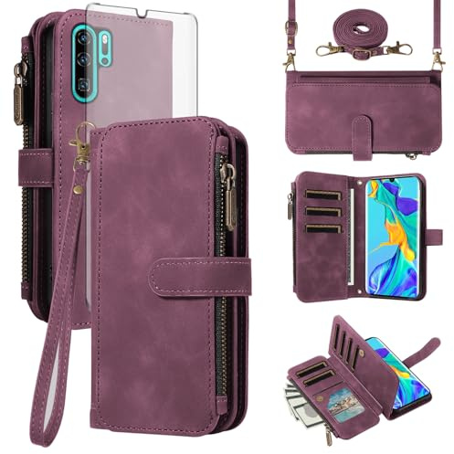 Asuwish Coque pour Huawei P30 Pro Portefeuille avec Verre Trempé et Cordon Porte Carte Chaine PU Cuir à Clapet Étui Housse Support HuweiP30Pro Hawaii P 30 P30Pro VOG-L29 Téléphone Case Femme Bordeaux