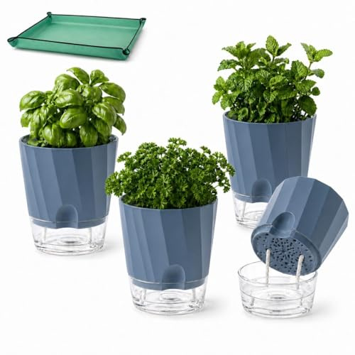Feung gou Set di 4 vasi autoirriganti per erbe aromatiche, 15,3 cm, in plastica PP a doppia parete, di alta qualità, per interni, balcone, cucina, davanzale, con tappetino da giardino, 66 x 66 cm (blu