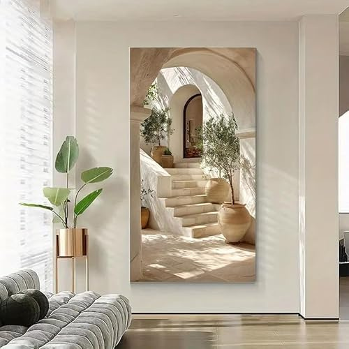 XIANGPEIFBH Großer mediterraner Olivenbaum-Leinwanddruck, moderne beige-weiße Insellandschaft, Wandposter für die Heimdekoration 80x160cm/31x63in Ungerahmt