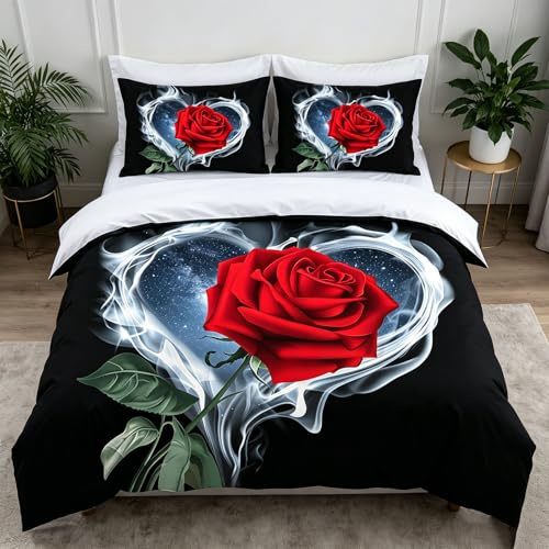 TULTOAP 3D Rot Rose Bedruckte Bettwäsche Sets, Romantische Rot Rose Bettbezug Blume Bettwäsche für Mädchen Erwachsene Schlafzimmer Dekoration (Sternrose, 135 x 200 cm)