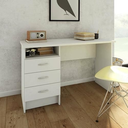 Dmora Linearer Schreibtisch mit drei Schubladen, weiße Farbe, Maße 120 x 72 x 48 cm