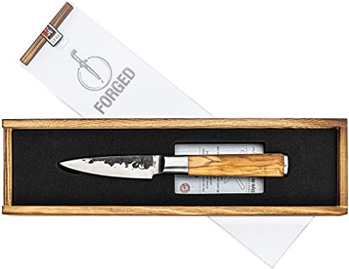 Forged Coltello spelucchino Olive da 9 cm, realizzato a mano, con custodia di legno (etichetta in lingua italiana non garantita)