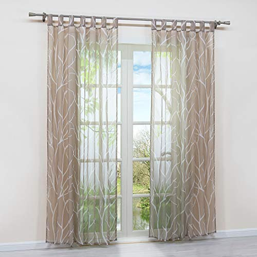 HongYa 1 Stück Schlaufenschal Transparente Gardine Schal Voile Vorhang mit Schlaufen Äste Muster H/B 145/140 cm Sand