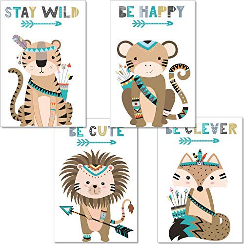 artpin® 4er Set Poster Bilder Kinderzimmer - Deko Junge Mädchen - A4 Wandbilder Babyzimmer - Indianer Waldtiere Safari Skandinavisch, Boho, Jungle, Bunt (P44)