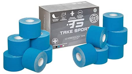 TS Take Sport® Kinesiology Tape 5 cm x 5 m – Pack de 12 rouleaux bleu, kinesio tape élastique en coton et élasthanne, bande kinésiologie adhésive, strap sport physiothérapie récupération