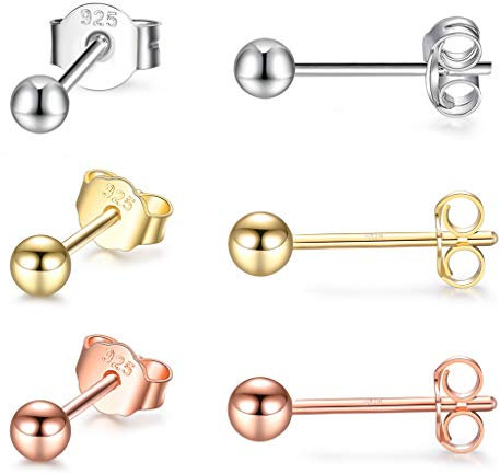 CERSLIMO Silver Stud Earrings for Women Men Girls, 3 Pairs Sterling Silver Tiny Ball Stud Earrings Small Dot Studs Dainty Cartilage Tragus Sleeper Earrings Set (3mm, Silver/Gold/Rose Gold)