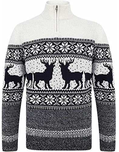 Merry Christmas Men's Nordic Style Quarter Zip Funnel Neck Xmas Jumper - Ecru - M