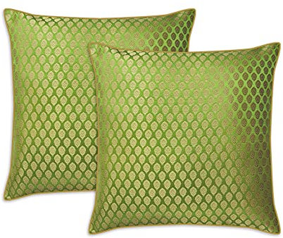 AVKA Studio Craftbot Damast-Kissenbezüge, Kunstseide, Brokat, dekorative Kissen, Hellgrün, Gold, 50,8 x 50,8 cm, indischer Jacquard-Bezug, 2 Stück