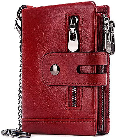 FORRICA Portefeuille Homme Cuir Véritable Porte Monnaie avec Chaine Blocage RFID Porte Cartes Fermeture Eclair Poche à Monnaie Vachette Porte-Monnaie Rouge B