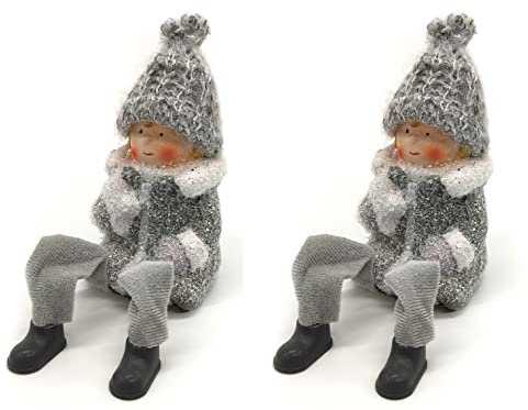 DARO DEKO Winterkind Kantenhocker Junge 22cm grau weiß Dekofigur Weihnachtsdeko 2 Stück