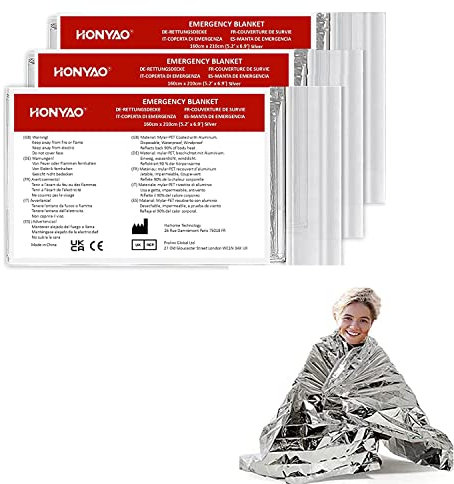 HONYAO® Rettungsdecke, Erste Hilfe Decke Silber 3 Stück, Notfalldecke Perfekt für Outdoor, Wandern, Überleben, Marathons oder Erste Hilfe, Robust, Reißfest & Wasserdicht, 210×160cm