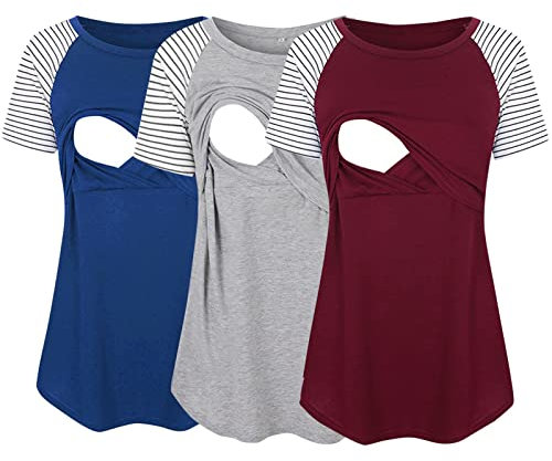 Breast Pumps Starter Set Short Sleeve Nursing Top for Women with Crew Neck Striped Printed T-Shirt for Breastfeeding 3 Pack Pregnant Woman Pregnant Mother Clothing, gray, XL