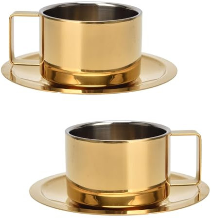 Beufee Lot de 2 tasses à expresso et soucoupes, tasse à café, tasses cafe, tasse cafe, dorée en acier inoxydable, petites tasses à café de luxe exquises pour thé au latte cappuccino, 200 ml